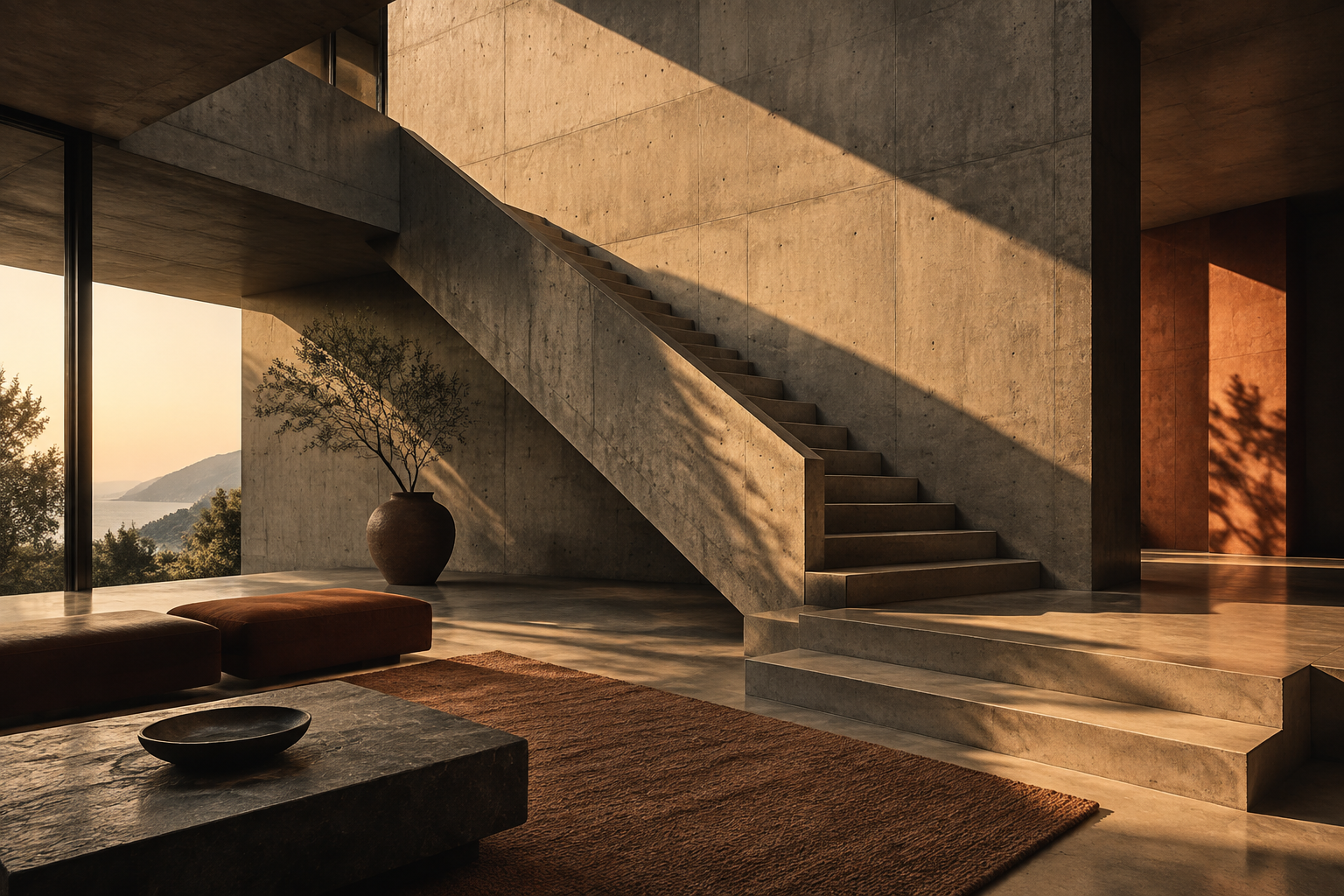 Sunlit geometric concrete staircase